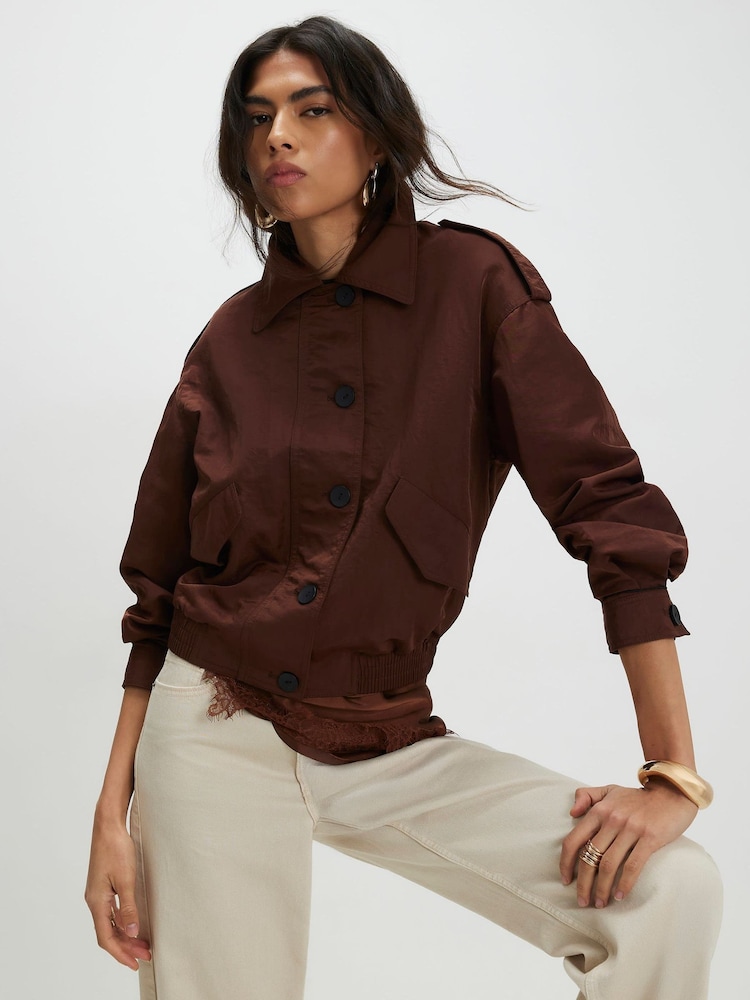 River Island Brown Nylon Button Front Jacket - Image 1 of 4 River Island Brown Nylon Button Front Jacket - Image 1 of 4