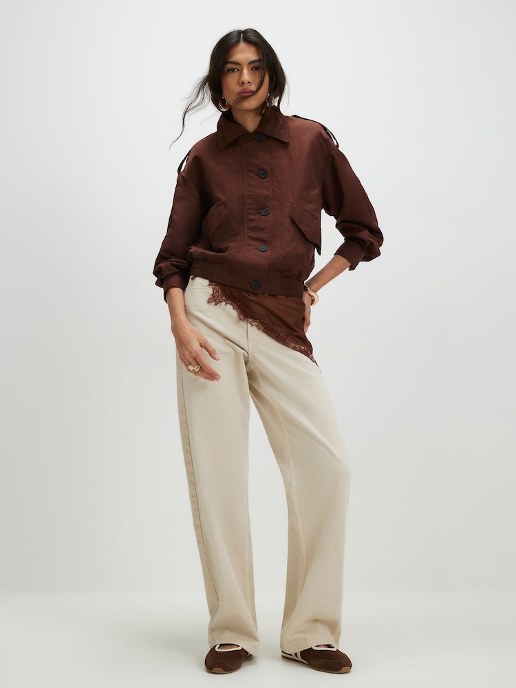 River Island Brown Nylon Button Front Jacket - Image 4 of 4 River Island Brown Nylon Button Front Jacket - Image 4 of 4