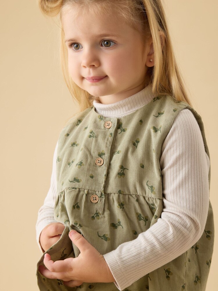 MORI Green Green Soft Corduroy Floral Sleeveless Dress & Tights Set - Image 2 of 5 MORI Green Green Soft Corduroy Floral Sleeveless Dress & Tights Set - Image 2 of 5