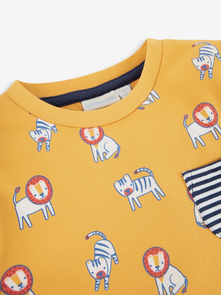 JoJo Maman Bébé Mustard Lion & Tiger Print Pocket T-Shirt - Image 2 of 5