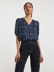 JD Williams Blue Floral Print V-Neck Burnout Stripe Top - Image 1 of 4