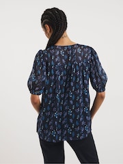 JD Williams Blue Floral Print V-Neck Burnout Stripe Top - Image 2 of 4