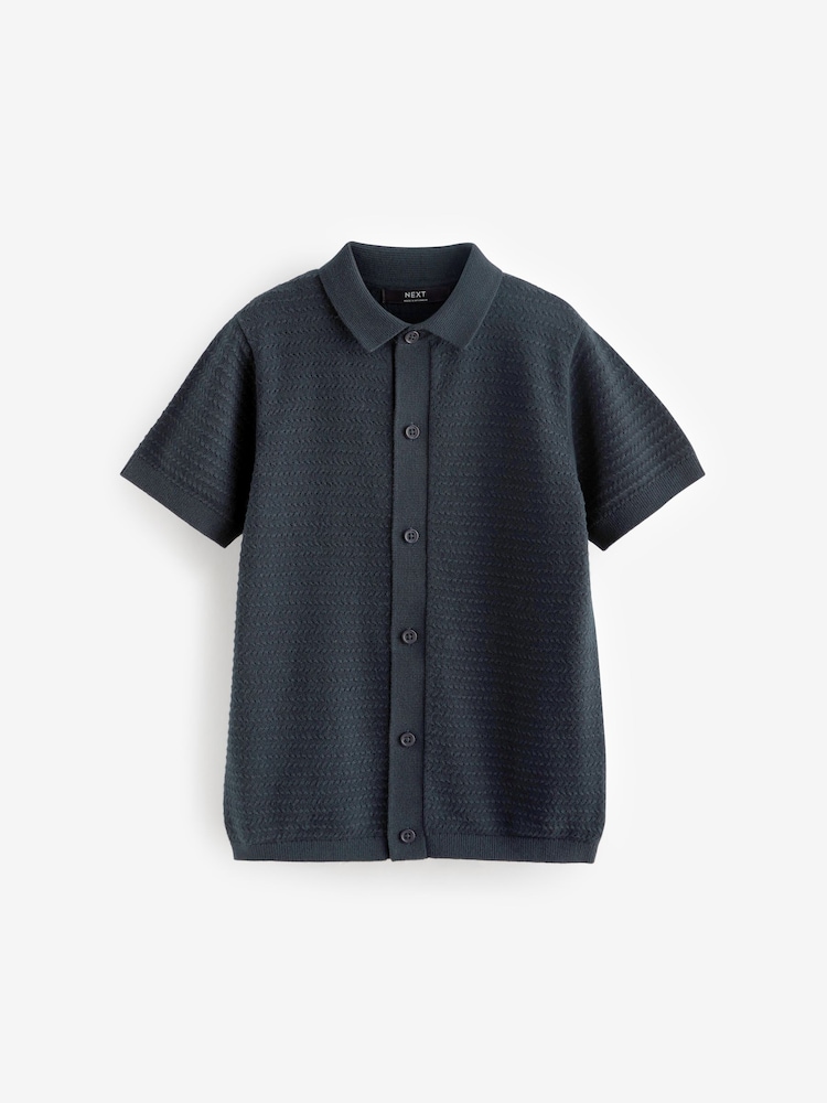 Navy Blue Textured Knitted 100% Cotton Polo Shirt (3-16yrs) - Image 1 of 3