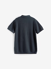 Navy Blue Textured Knitted 100% Cotton Polo Shirt (3-16yrs) - Image 2 of 3
