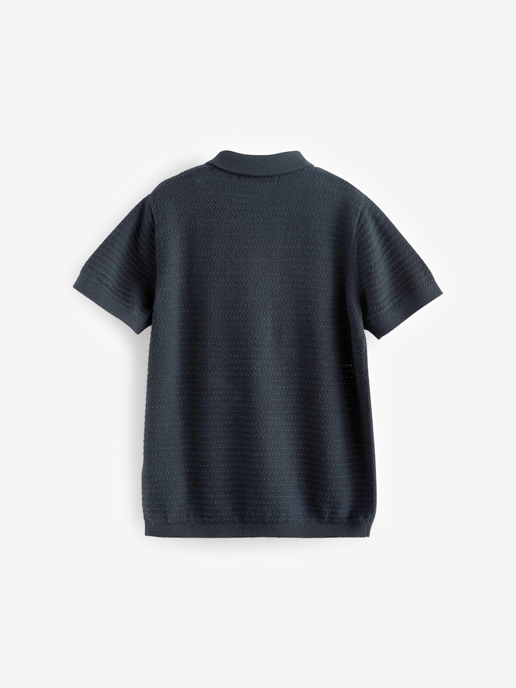 Navy Blue Textured Knitted 100% Cotton Polo Shirt (3-16yrs) - Image 2 of 3
