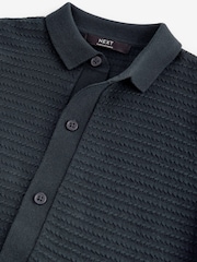 Navy Blue Textured Knitted 100% Cotton Polo Shirt (3-16yrs) - Image 3 of 3