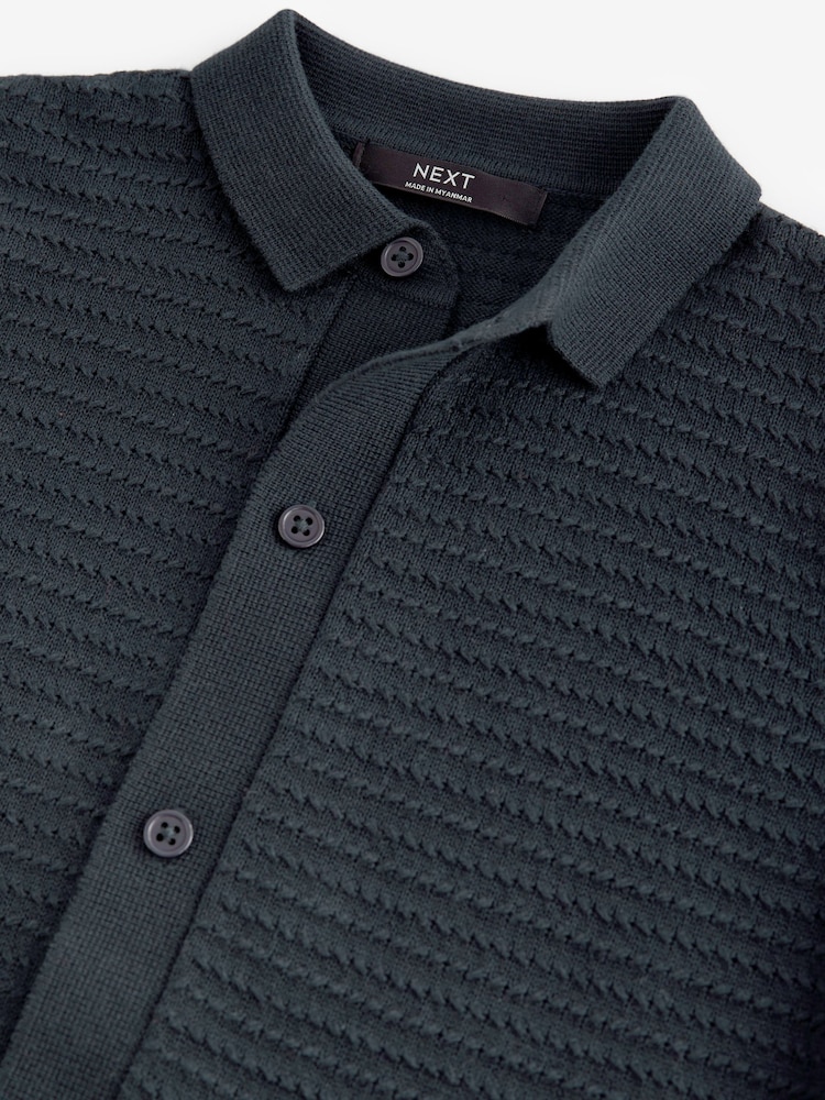 Navy Blue Textured Knitted 100% Cotton Polo Shirt (3-16yrs) - Image 3 of 3