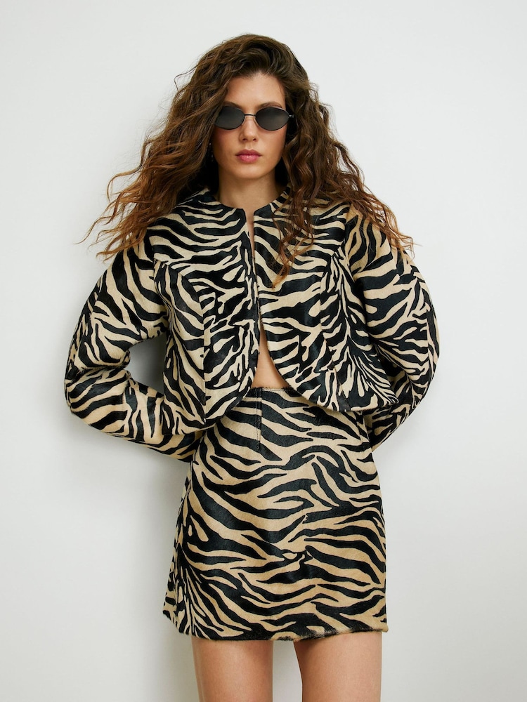 River Island Black Zebra Print Leather Mini Skirt - Image 1 of 4
