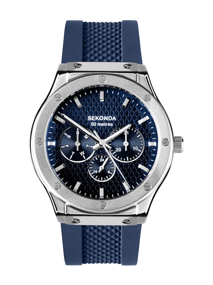 Sekonda Blue Titan 42mm Round Silver Analogue Watch with Dark Strap - Image 2 of 6 Sekonda Blue Titan 42mm Round Silver Analogue Watch with Dark Strap - Image 2 of 6