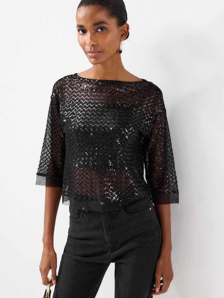 Black Sheer Sequin Embellished Top - Image 1 of 6