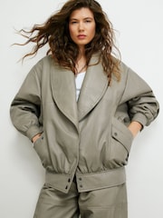 River Island Brown Leather Bomber Jacket - Image 1 of 4