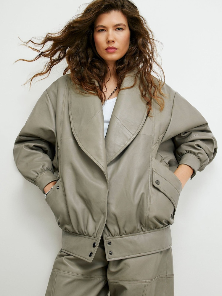 River Island Brown Leather Bomber Jacket - Image 1 of 4