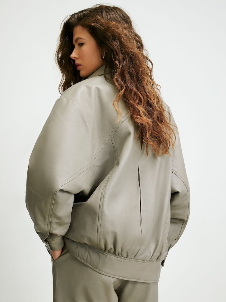 River Island Brown Leather Bomber Jacket - Image 2 of 4