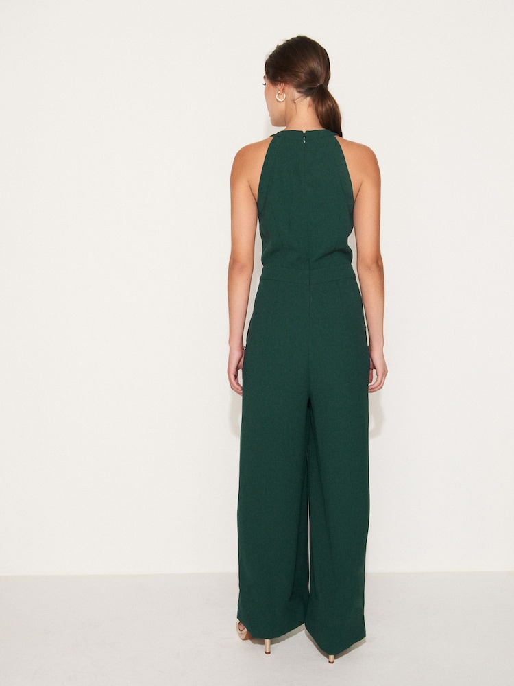 Green Button Detail Wide Leg Crepe Jumpsuit - Image 1 of 2 Green Button Detail Wide Leg Crepe Jumpsuit - Image 1 of 2