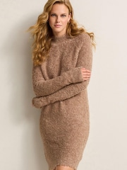 Mole Brown Bouclé High Neck Long Sleeve Jumper Dress - Image 1 of 6