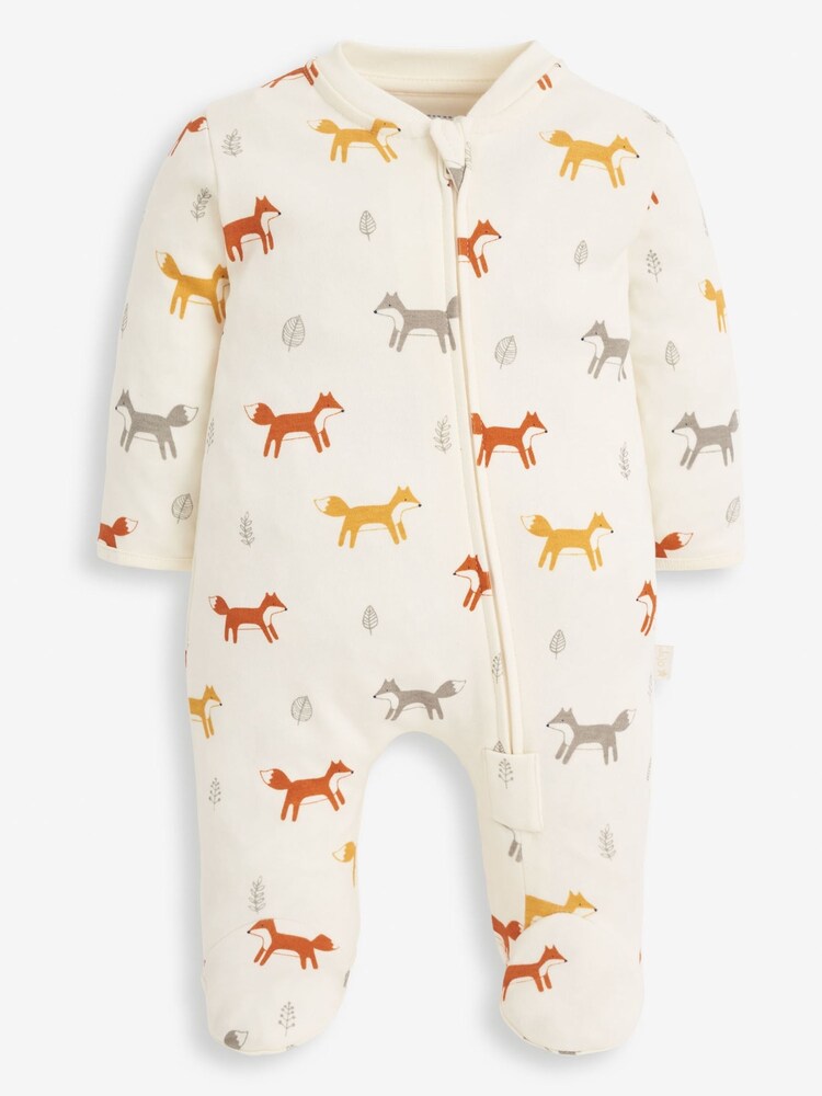 JoJo Maman Bébé Cream Fox Print Zip Baby Sleepsuit - Image 1 of 4
