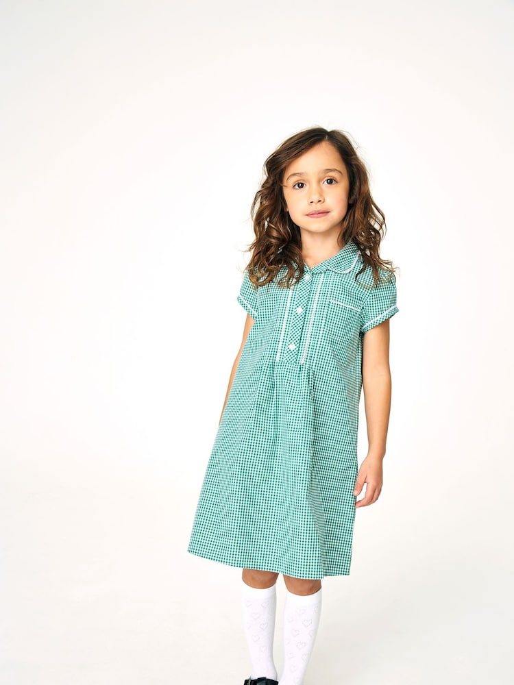Green Cotton Rich Button Front Lace Gingham School Dress (3-14yrs) - Image 1 of 6
