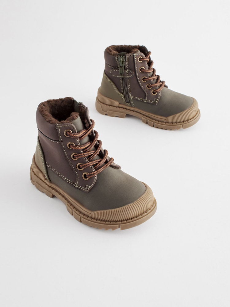 Khaki Green Colourblock Bump Toe Lace Detail Boots - Image 1 of 6