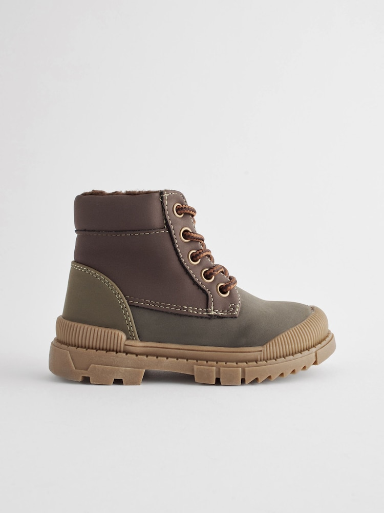 Khaki Green Colourblock Bump Toe Lace Detail Boots - Image 2 of 6