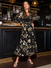 Pour Moi Black Michaela Jacquard Chiffon Frill Midaxi Dress - Image 1 of 4