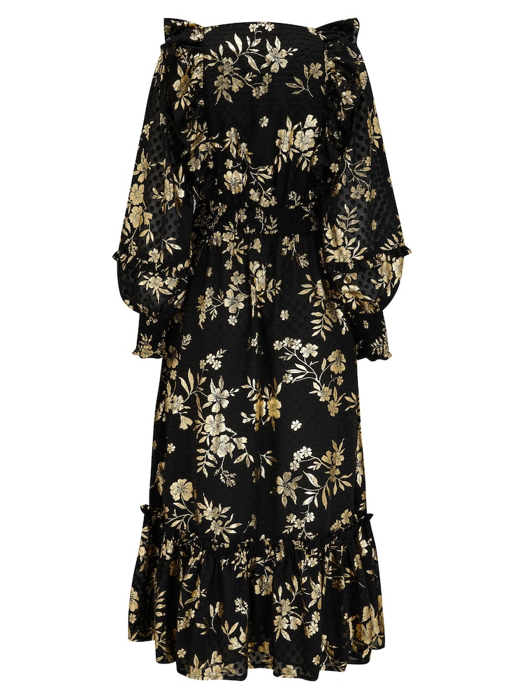Pour Moi Black Michaela Jacquard Chiffon Frill Midaxi Dress - Image 4 of 4