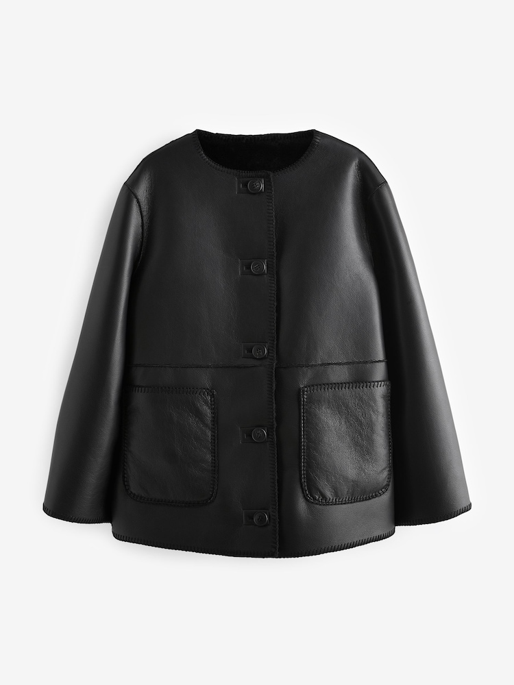 Black Reversible Faux Leather & Faux Fur Jacket - Image 6 of 7