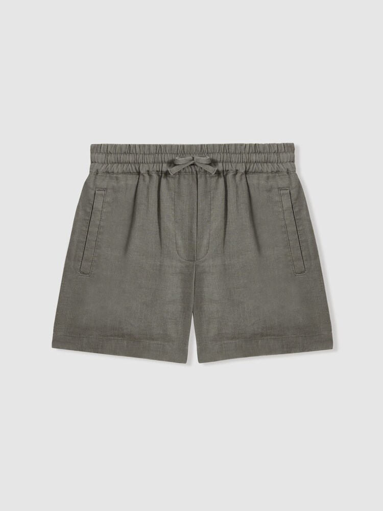 Reiss Khaki Acen Teen Linen Drawstring Shorts - Image 1 of 4 Reiss Khaki Acen Teen Linen Drawstring Shorts - Image 1 of 4