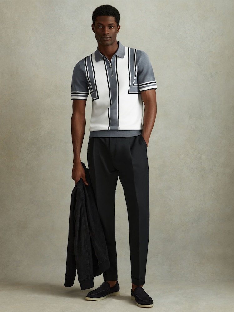 Reiss Airforce Blue/White Orion Knitted Half Zip Polo Shirt - Image 1 of 6 Reiss Airforce Blue/White Orion Knitted Half Zip Polo Shirt - Image 1 of 6