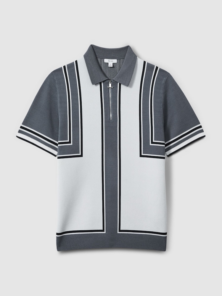 Reiss Airforce Blue/White Orion Knitted Half Zip Polo Shirt - Image 2 of 6 Reiss Airforce Blue/White Orion Knitted Half Zip Polo Shirt - Image 2 of 6