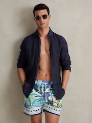 Reiss Green Multi Huwai Printed Drawstring Waist Swim Shorts - Image 1 of 6