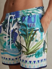 Reiss Green Multi Huwai Printed Drawstring Waist Swim Shorts - Image 4 of 6