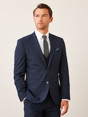 Navy Blue Tailored Wool Mix Textured Suit Jacket - Image 1 of 6