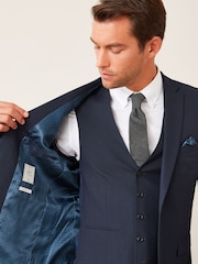 Navy Blue Tailored Wool Mix Textured Suit Jacket - Image 2 of 6
