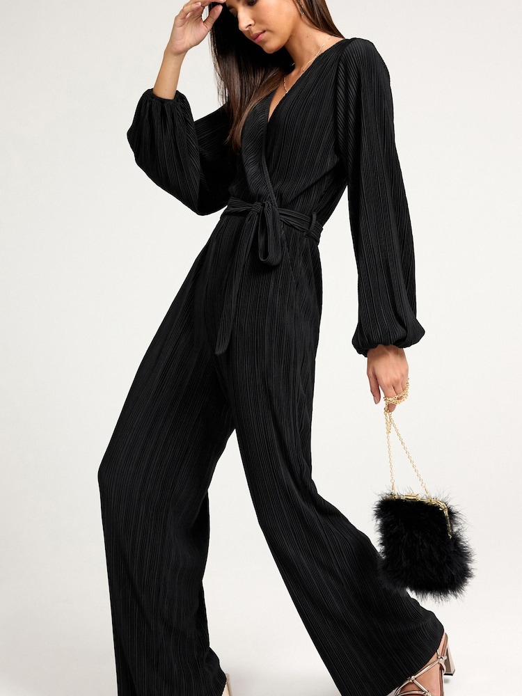 Black Long Sleeve Plissé Jumpsuit - Image 1 of 4