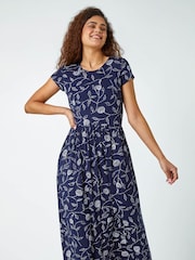 Roman Blue Floral Print Midi Stretch Dress - Image 1 of 5