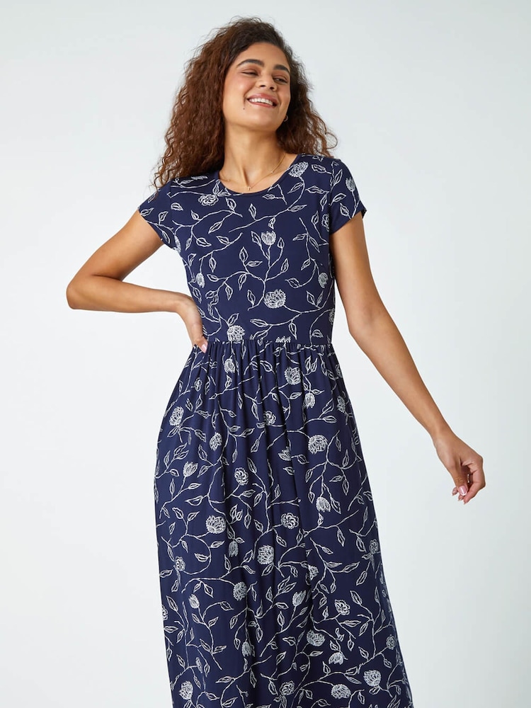 Roman Blue Floral Print Midi Stretch Dress - Image 1 of 5