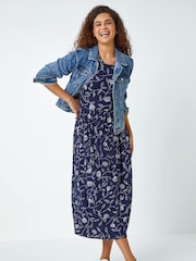 Roman Blue Floral Print Midi Stretch Dress - Image 2 of 5
