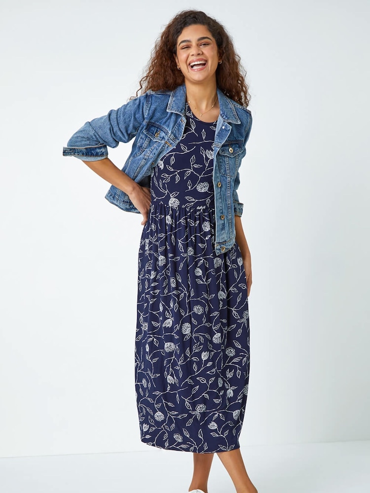 Roman Blue Floral Print Midi Stretch Dress - Image 2 of 5
