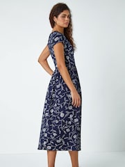 Roman Blue Floral Print Midi Stretch Dress - Image 3 of 5