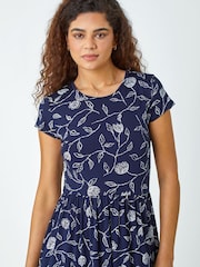 Roman Blue Floral Print Midi Stretch Dress - Image 4 of 5