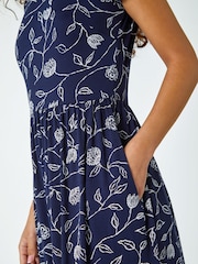 Roman Blue Floral Print Midi Stretch Dress - Image 5 of 5