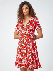 Roman Red Floral Print Wrap Stretch Dress - Image 1 of 5