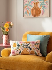 Cream Embroidered Flower Vase 100% Cotton 50 x 30cm Cushion - Image 1 of 5
