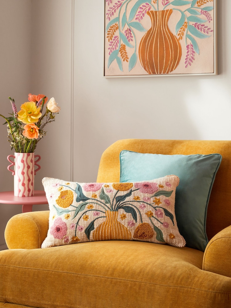 Embroidered Flower Vase 100% Cotton 50 x 30cm Cushion - Image 1 of 5 Embroidered Flower Vase 100% Cotton 50 x 30cm Cushion - Image 1 of 5