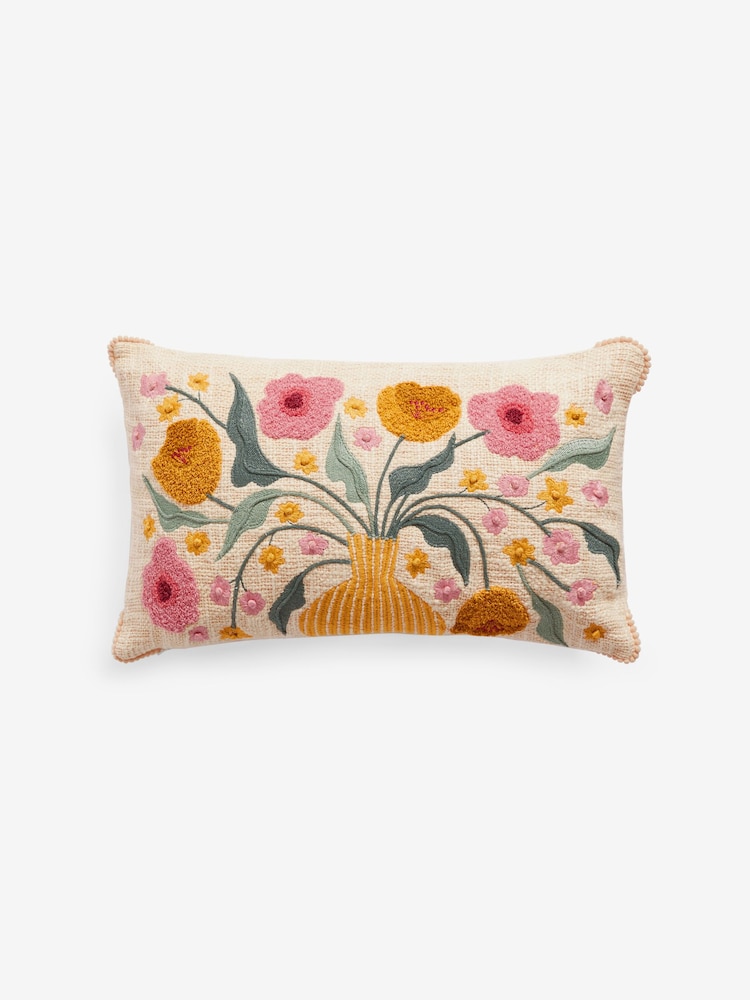 Cream Embroidered Flower Vase 100% Cotton 50 x 30cm Cushion - Image 4 of 5