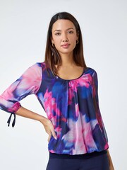 Roman Blue Floral Print Bubble Hem Stretch Top - Image 1 of 5