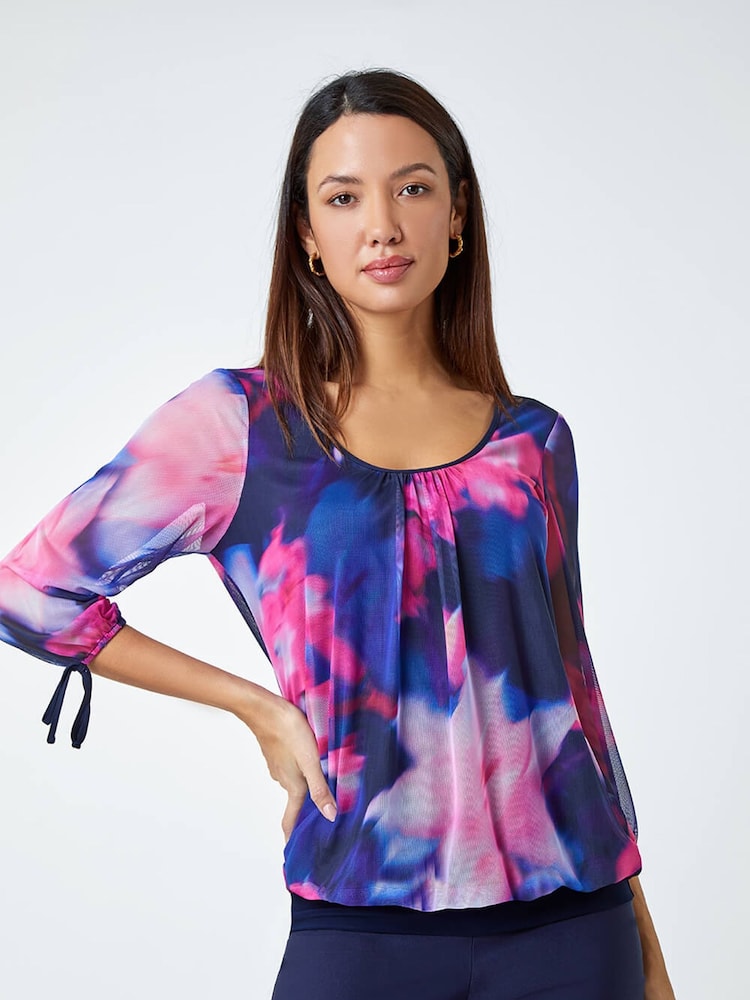 Roman Blue Floral Print Bubble Hem Stretch Top - Image 1 of 5