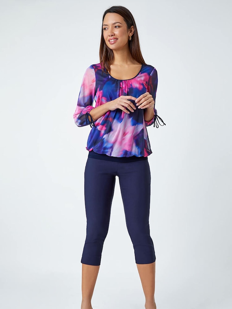 Roman Blue Floral Print Bubble Hem Stretch Top - Image 2 of 5