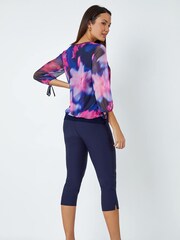 Roman Blue Floral Print Bubble Hem Stretch Top - Image 3 of 5