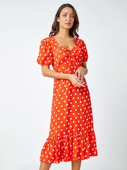 Roman Orange Polka Dot Twist Front Midi Dress - Image 1 of 5